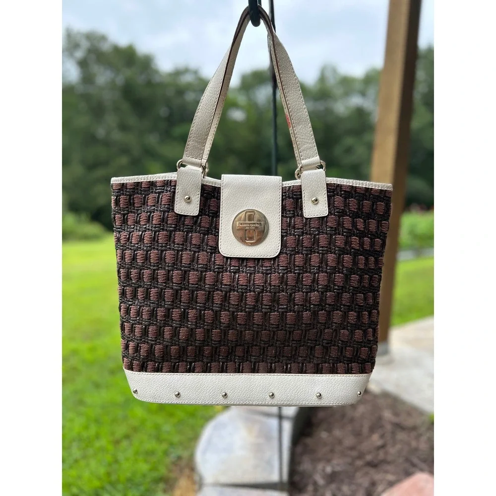 Vintage Kate Spade Woven Tote Cream Brown Classic Leather Designer Shoulder Bag